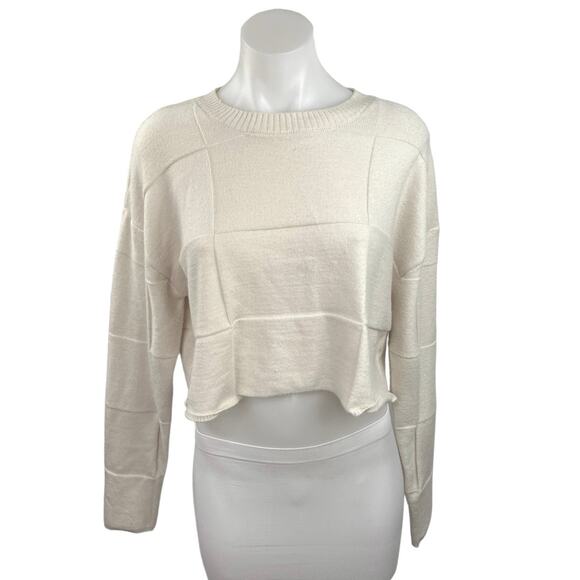 PacSun L.A Hearts Cream Long Sleeve Crew Neck Knit Checked Crop Sweater Top M - Picture 1 of 4